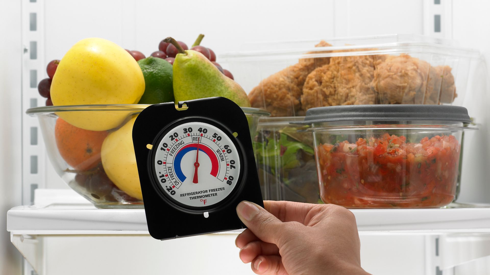 Keep an appliance thermometer in your refrigerator to check the temperature. The temperature in the refrigerator should be set at 40 °F or below. USDA Photo.
