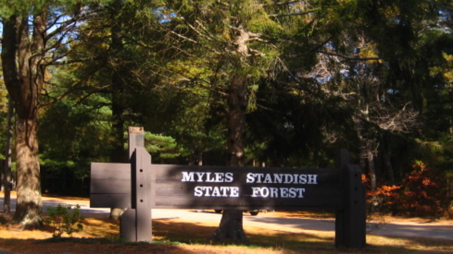 Photo of sign at Headquarters building, Myles Standish State Forest, Carver, Massachusetts, USA.