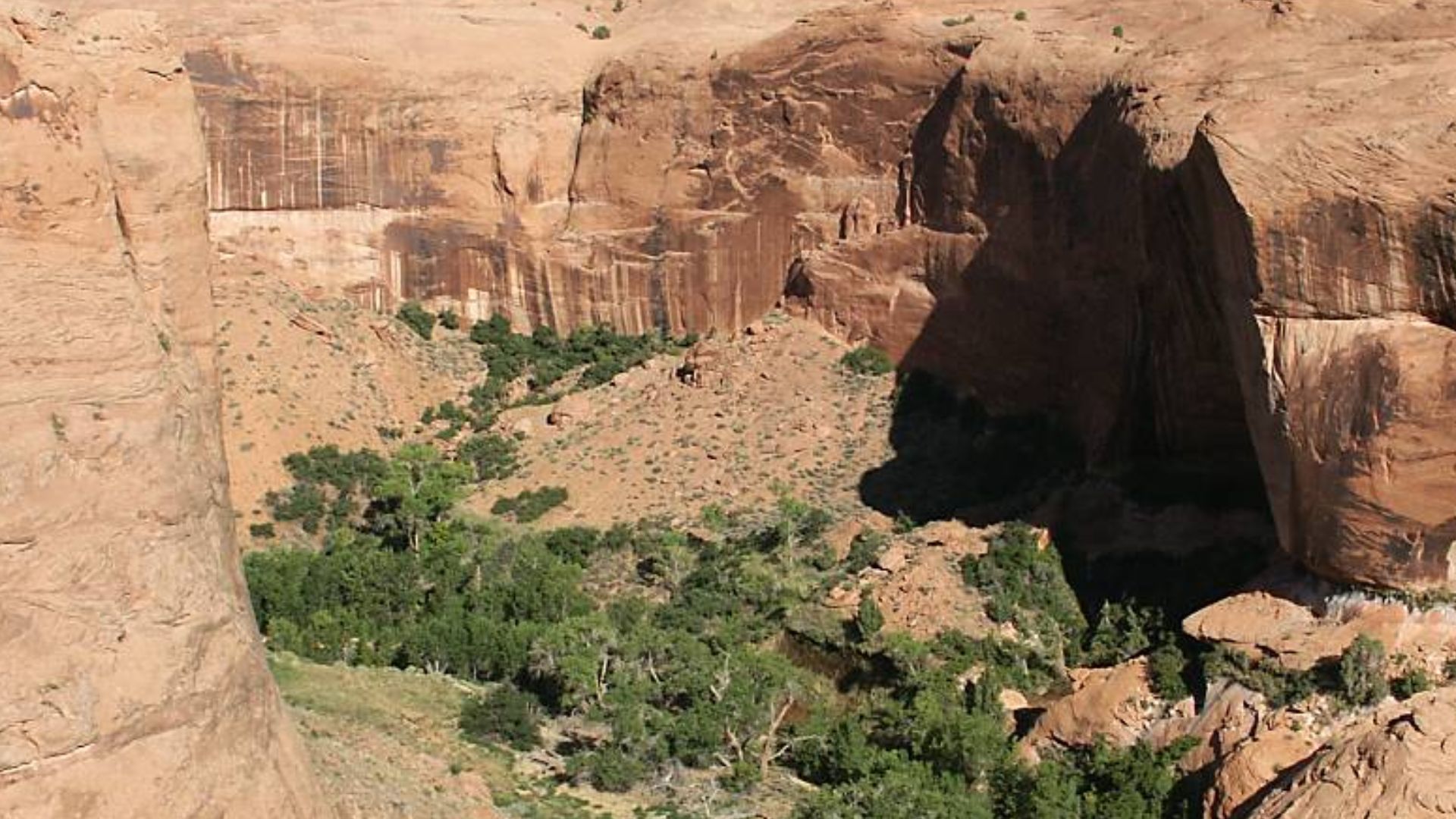 View into the main canyon of Coyote Gulch, looking northwest from a point on the rim above Coyote Natural Bridge.