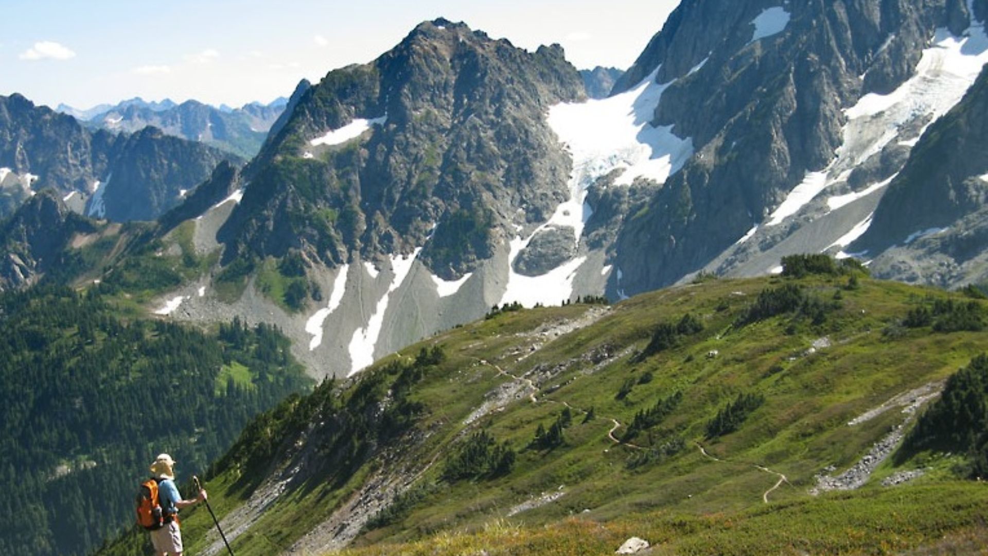 Pelton Peak, Yawning Glacier and Magic Mountain (left to right) from Sahale Arm north of Cascade Pass, North Cascades National Park, Washington, United StatesCascade pass