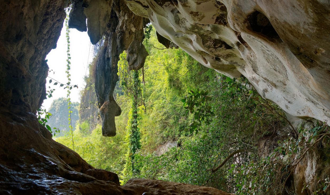 Leang-leang limestone cave entrance, Sulawesi, Indonesia, prehistoric archaeological site in karst landscape, tropical vegetation and rock formations visible, ancient human heritage in Southeast Asia