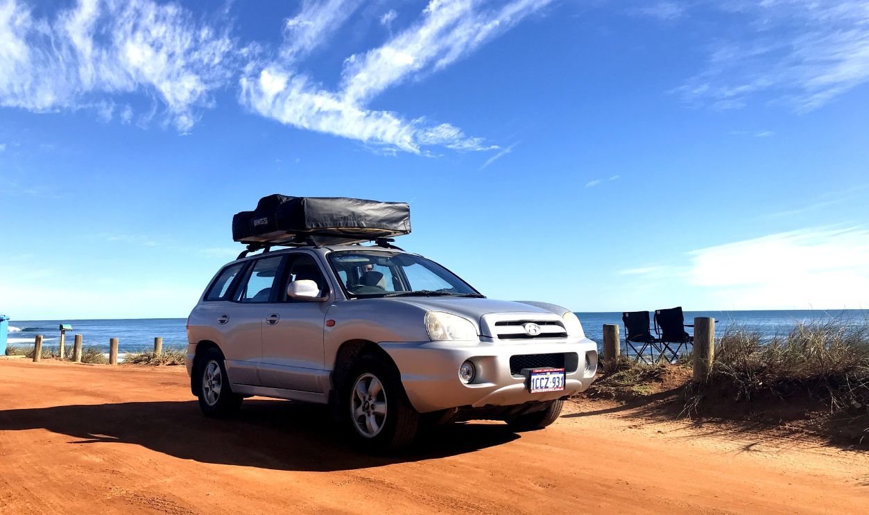 Kalbarri, Australia - 06 30 2019: Road trip with a 4WD Hyundai Santa Fe car through the beautiful landscape of Western Australia