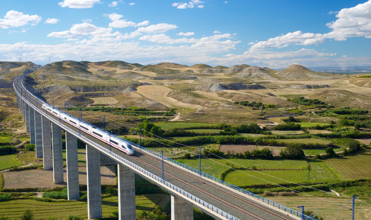 view of a high-speed train crossing a viaduct in Roden, Zaragoza, Aragon, Spain. AVE Madrid Barcelona.