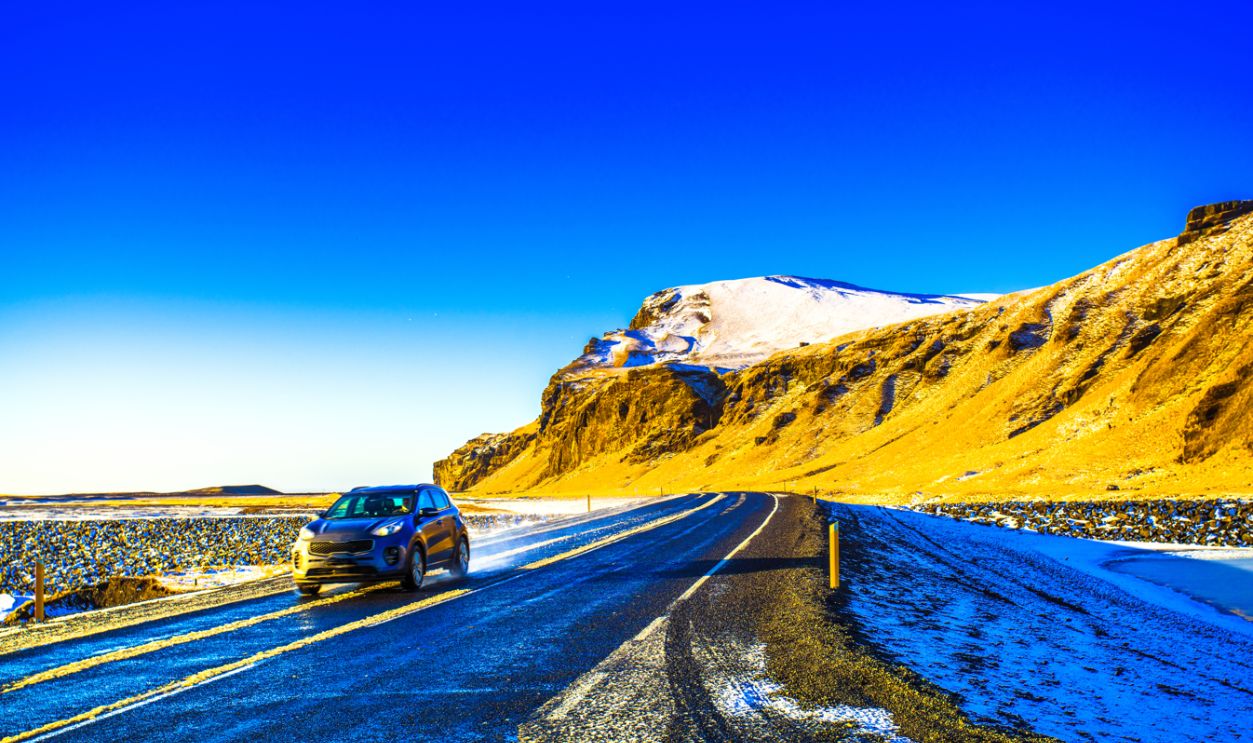 Iceland - November 7, 2017 - Street view of Route 1 or Ring Road (Hringvegur), a national road that runs around Iceland and connects most of the inhabited parts of the country