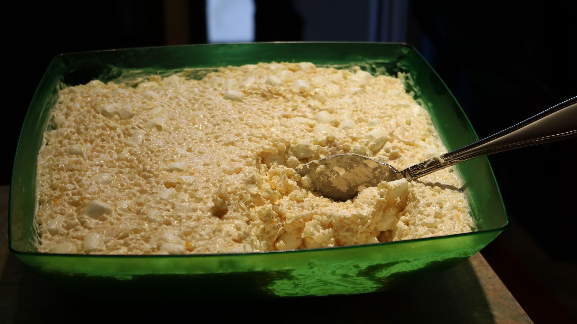 Frogeye salad (also called Frog-eye salad, Frog's eye salad), a type of pasta salad popular in the Rocky Mountain Region of the United States. The photo shows the dish as served at a Christmas-Eve gathering in Thornton, Colorado, United States in 2015.