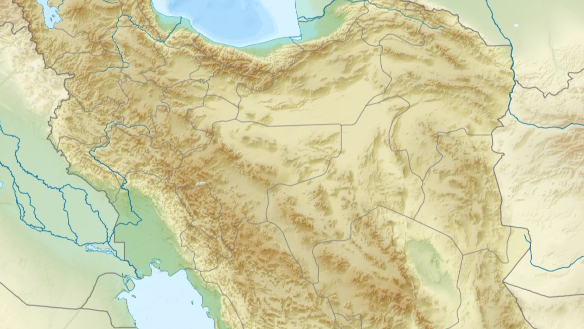 Topographic map of the Iranian plateau in Central Asia, connecting to Anatolia in the west and Hindu Kush and Himalaya in the east.