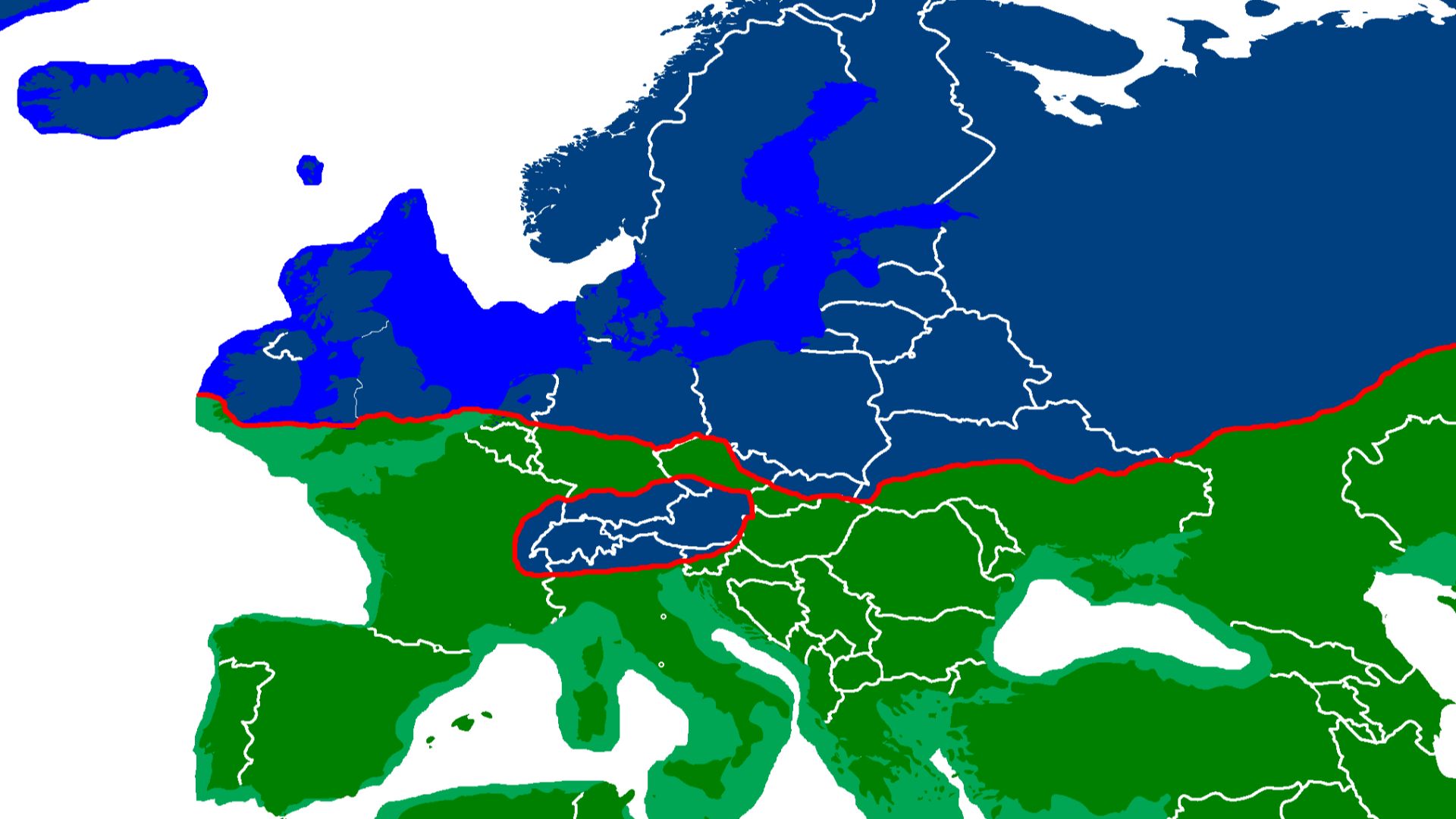 A map of the extent of Ice Caps and now submerged land during the Last Glacial Maximum in Europe