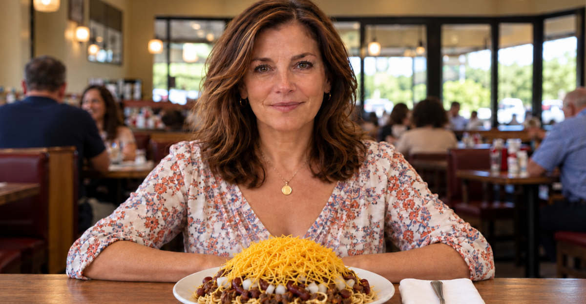 Woman in Restaurant, Spaghetti topped with chilli and cheese