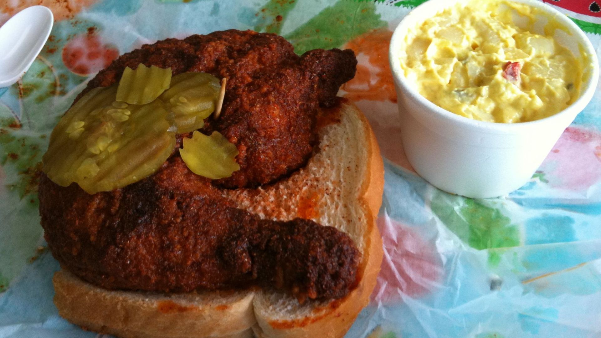 Nashville-style hot chicken with traditional accompaniments