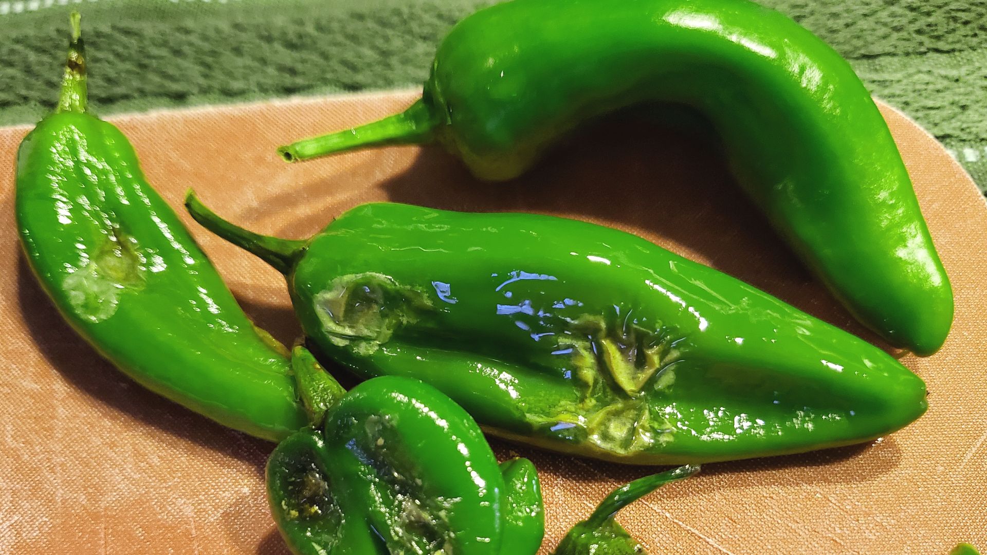 Hatch chile peppers from my garden, roasted in a cast iron skillet with oil