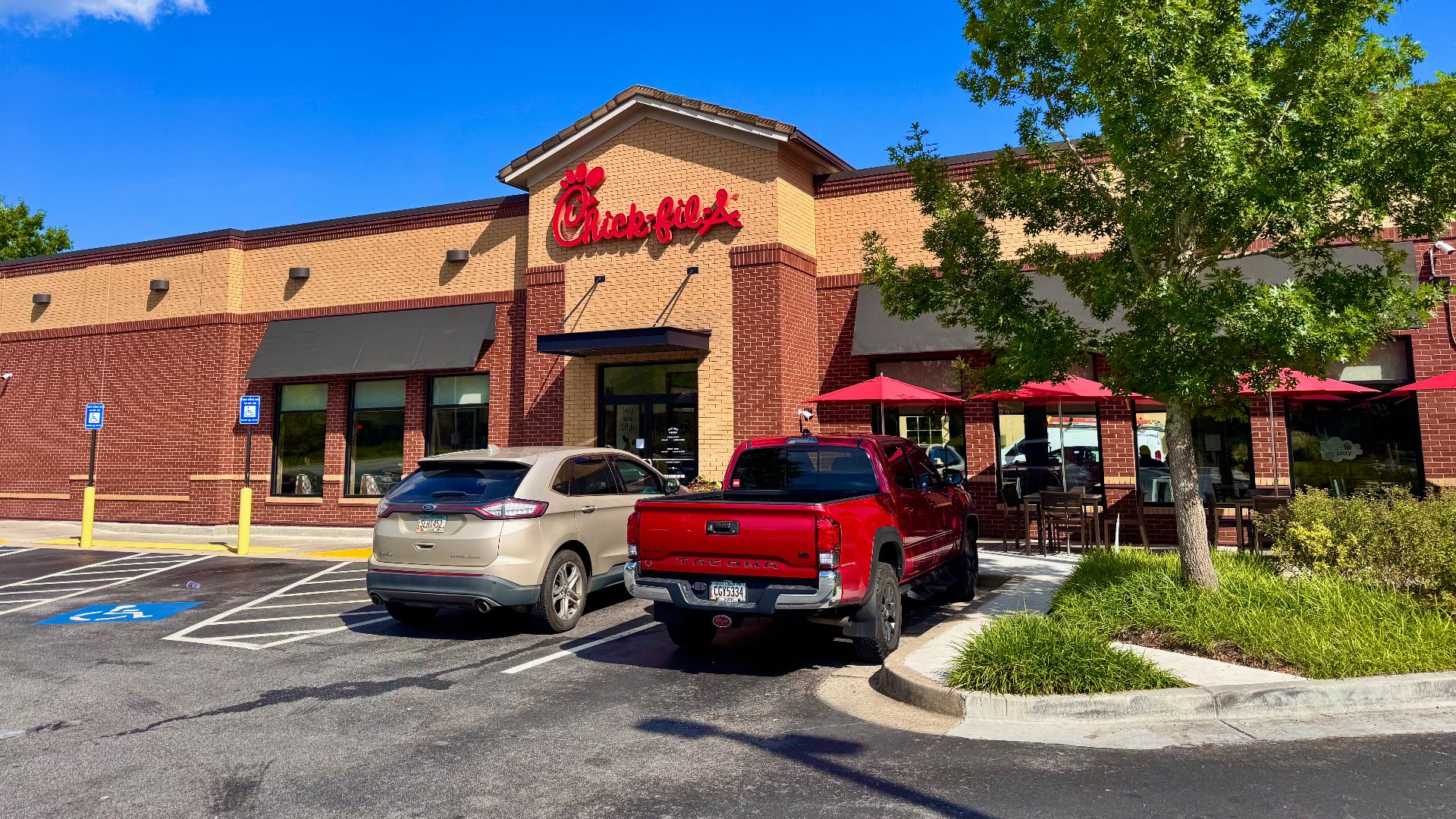 Chick-fil-A fast food chain restaurant exterior in Cornelia, Georgia