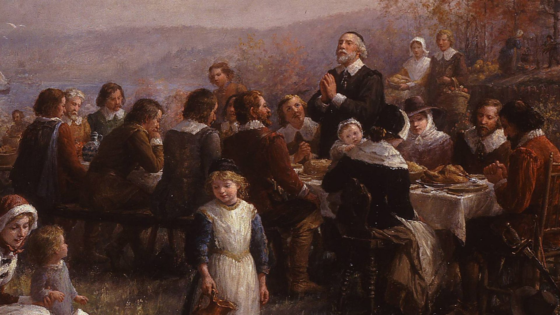 A 1925 recreation of Brownscombe's earlier 1914 painting of the First Thanksgiving at Plymouth, significant in that it omits the Plains Indian headdresses that were criticized as non-historically accurate in her 1914 version.