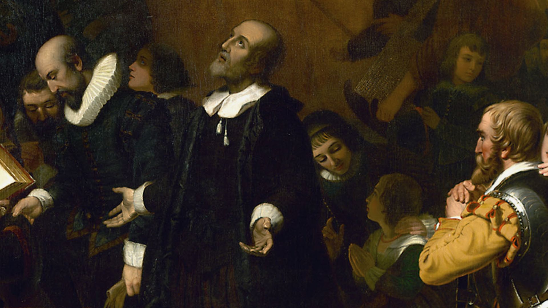 Protestant pilgrims are shown on the deck of the ship Speedwell before their departure for the New World from Delfshaven, Holland, on July 22, 1620. William Brewster, holding the Bible, and pastor John Robinson leading Governor Carver, William Bradford, M