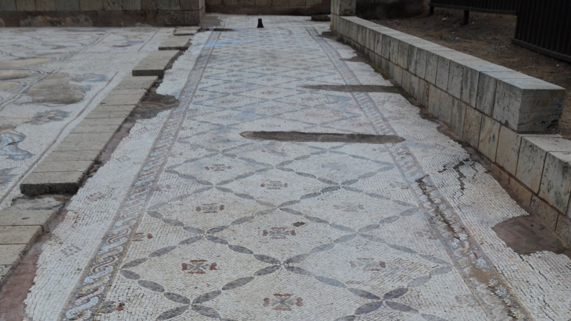 6th century AD mosaic with geometric and floral motifs, part of a large palace complex outside the city wall of Byzantine Caesarea, Caesarea Maritima, Israel