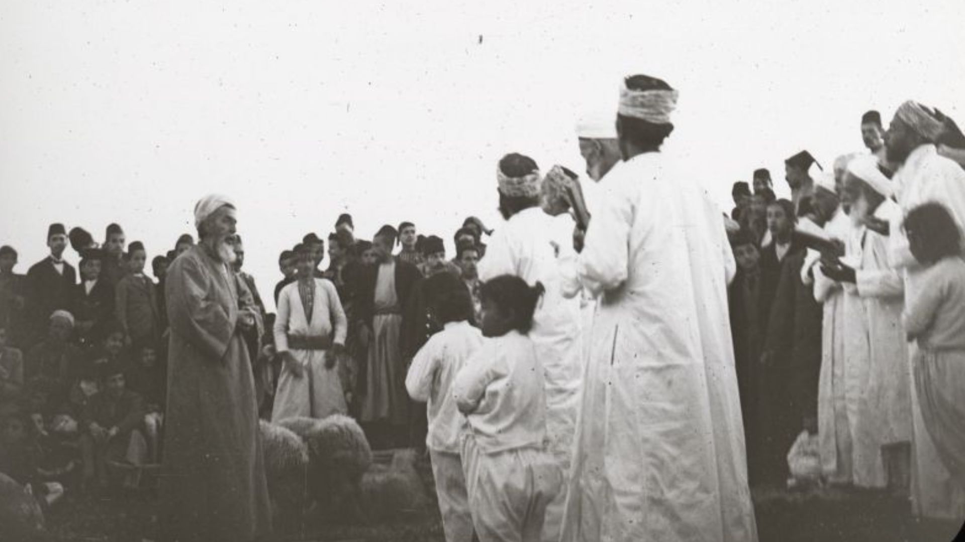 Image Title: High Priest and Levites Officiating at the Samaritan Passover, Mt. Gerizim 
Image Description from historic lecture booklet: