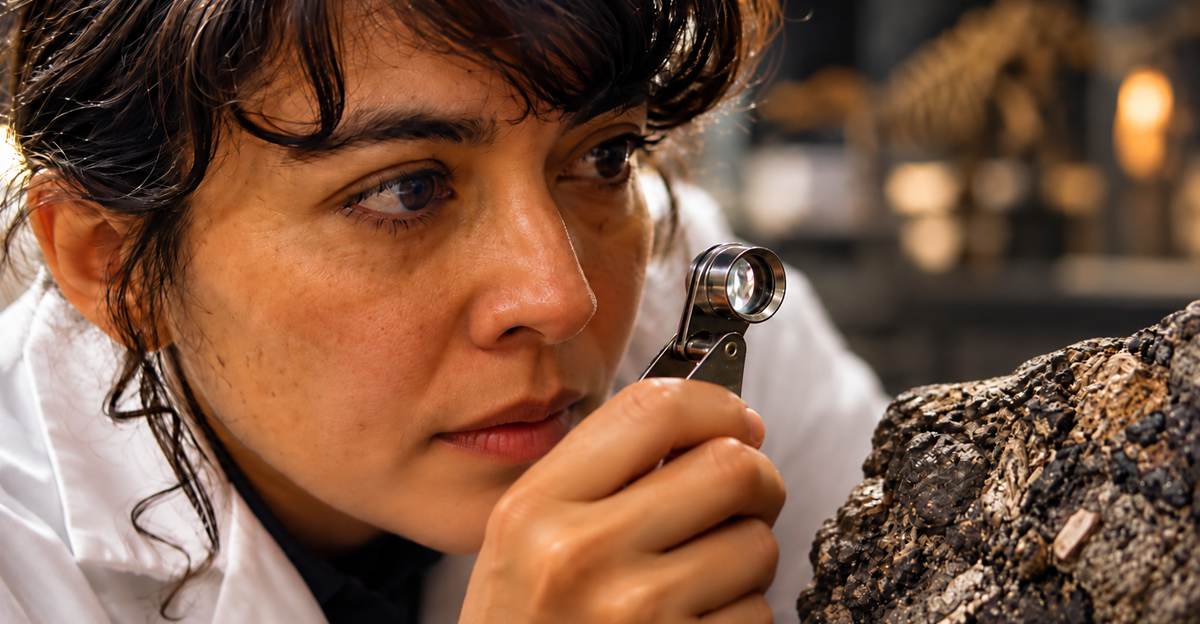 AI-generated image of a scientist examining coprolite, aka fossilized dinosaur poop