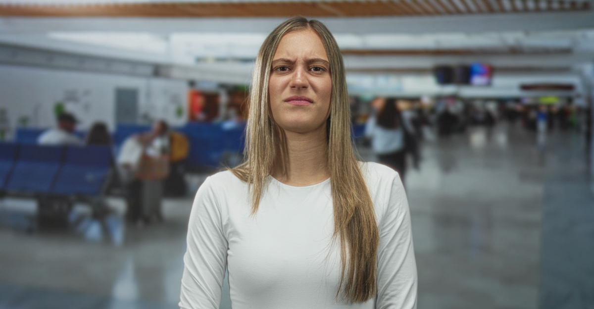 Woman frowning with scrunched face and white long sleeve top at airport terminal; annoyance travel stress.