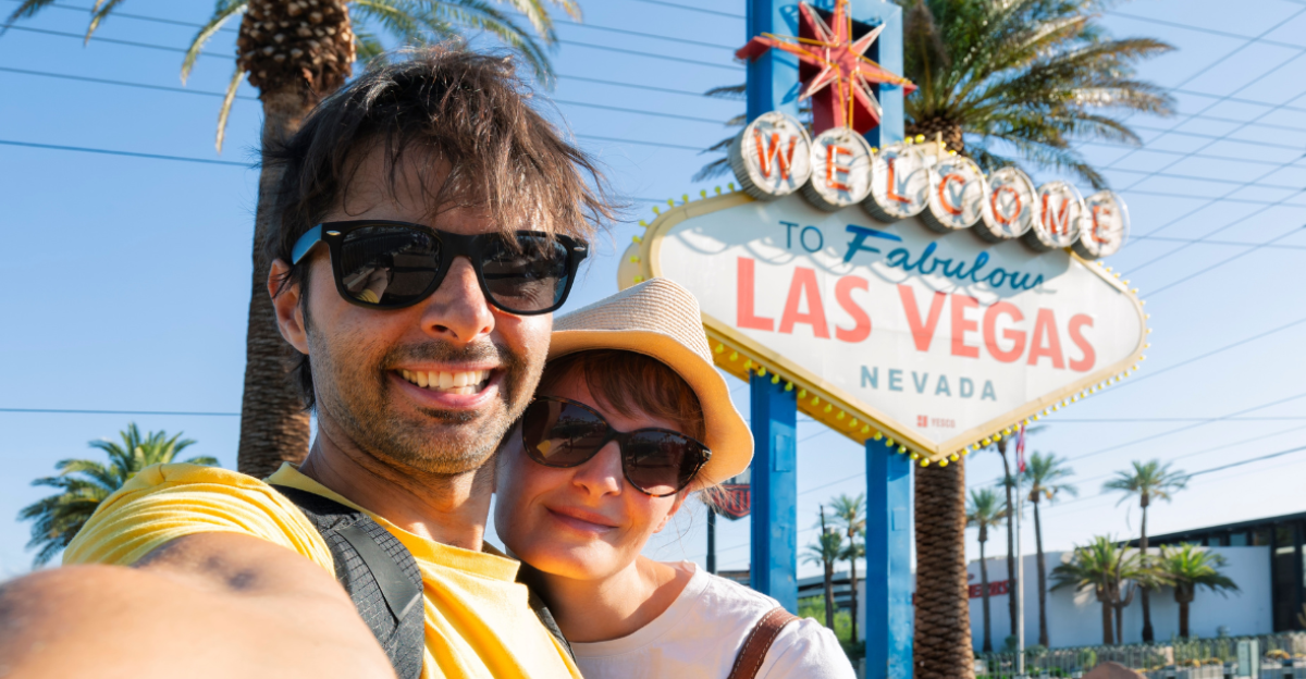 Happy young couple of tourists take selfie near Las Vegas Welcome sign