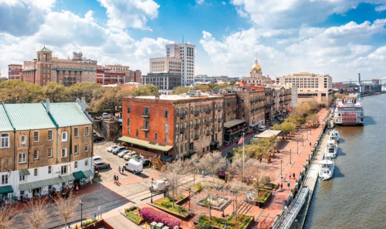 Aerial view of Savannah, Georgia skyline along River Street. Savannah is the oldest city in the U.S. state of Georgia and is the county seat of Chatham County.