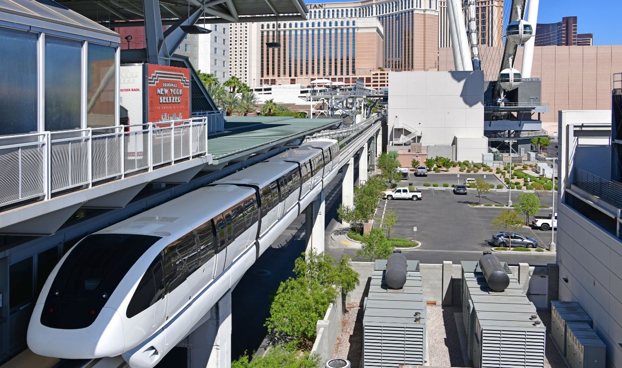 Flamingo & Caesars Palace  Monorail Station. Las Vegas NV, USA 09-30-2018. The Las Vegas Monorail runs from the MGM Grand to SLS Las Vegas. The route has seven stations
