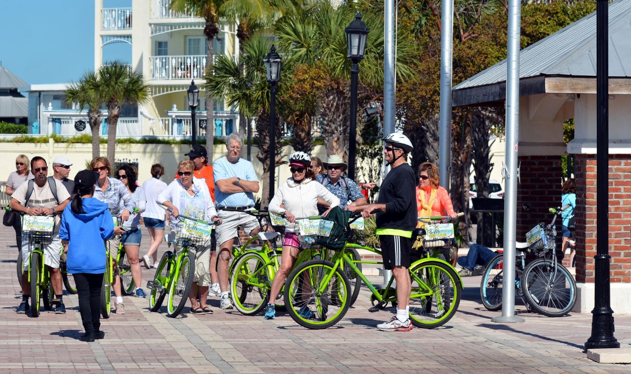 KEY WEST, FL.-JANUARY 24: Tourists in Key West, Florida, prepare to take a Key Lime Bicycle Tour on January 24, 2016.  These tours take tourists around the island to famous and historical places.