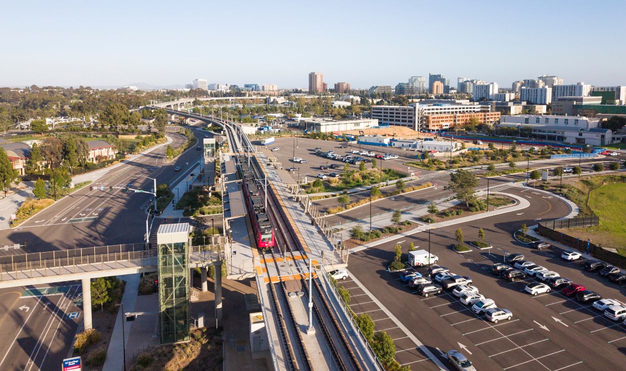 The new San Diego blue line trolley station platform at UCSD Medical Center on Nobel Drive.