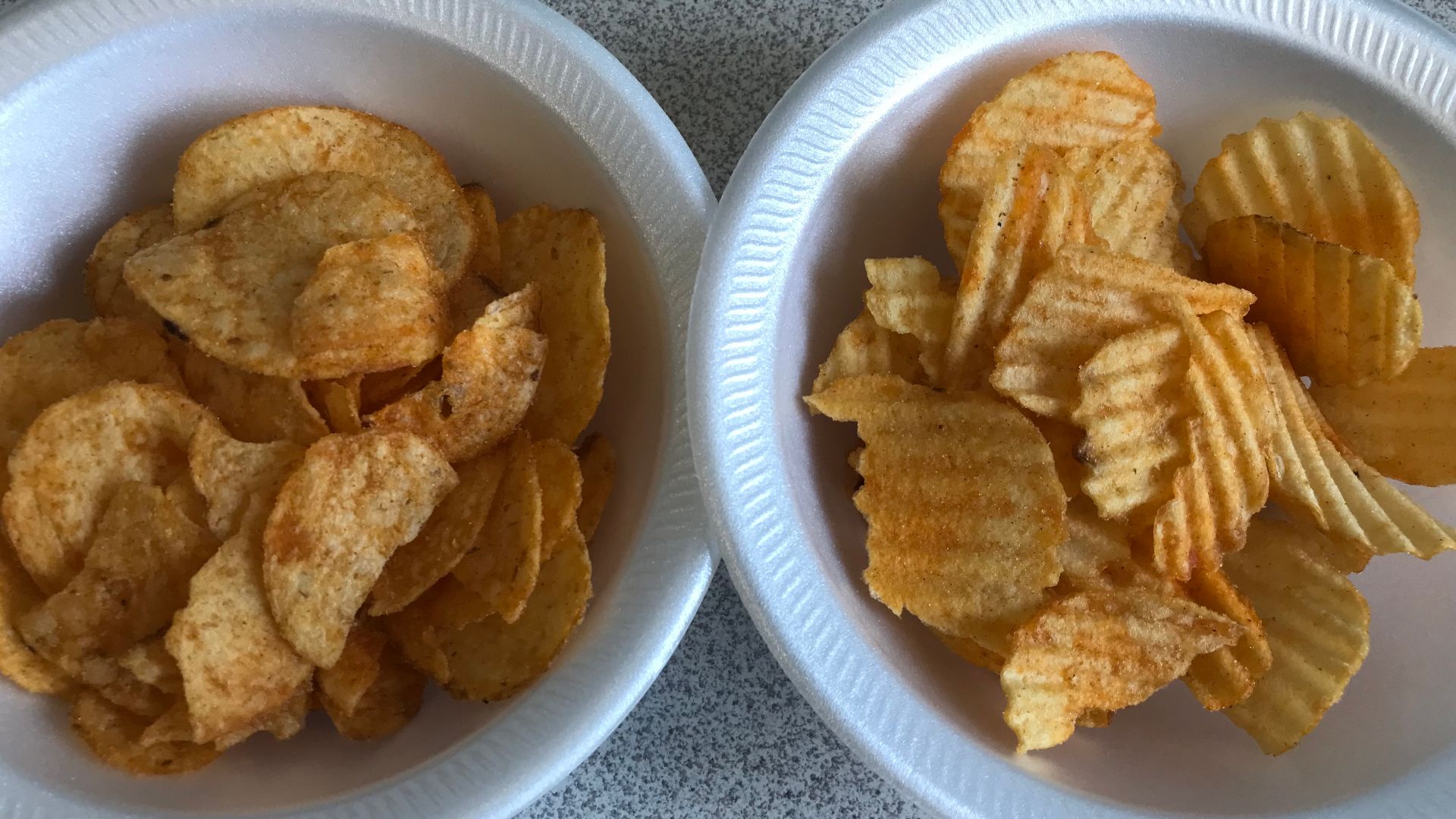 Kwik-Trip’s No Dip Required recipe for all-dressed chips on the left, Aldi’s wavy all-dressed chips on the right
