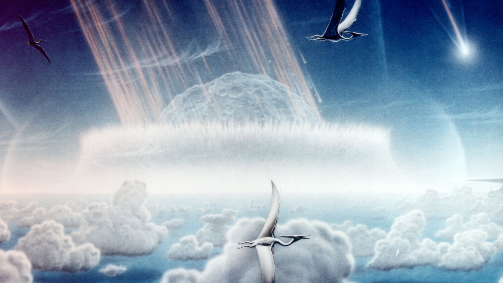 http://www2.jpl.nasa.gov/files/images/captions/p45062.txt:
Chicxulub impact site
December 28, 1994

This painting by Donald E. Davis depicts an asteroid slamming into tropical, shallow seas of the sulfur-rich Yucatan Peninsula in what is today southeast M