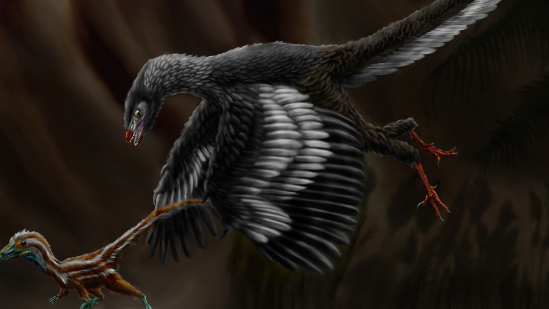 Restoration of Archaeopteryx lithographica chasing Compsognathus longipes in the Late Jurassic of Germany at night.