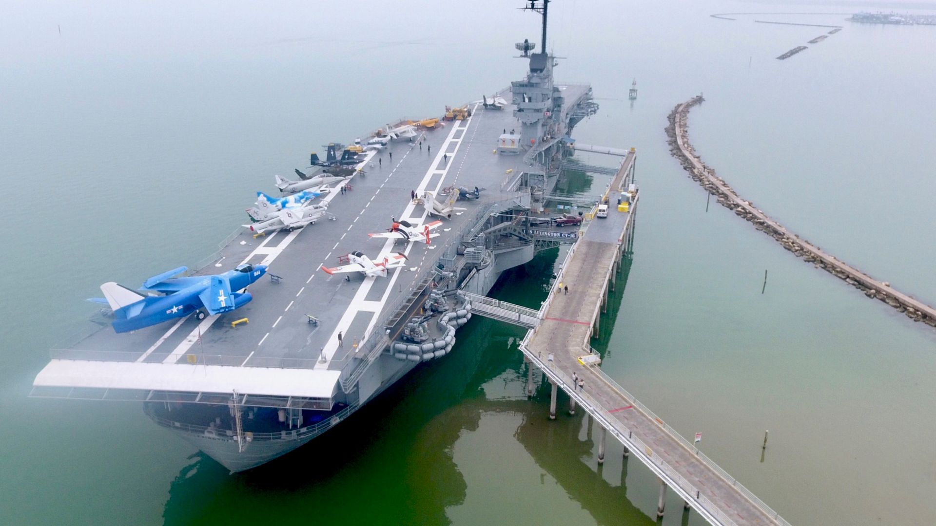 An aerial photo of the USS Lexington in Corpus Christi