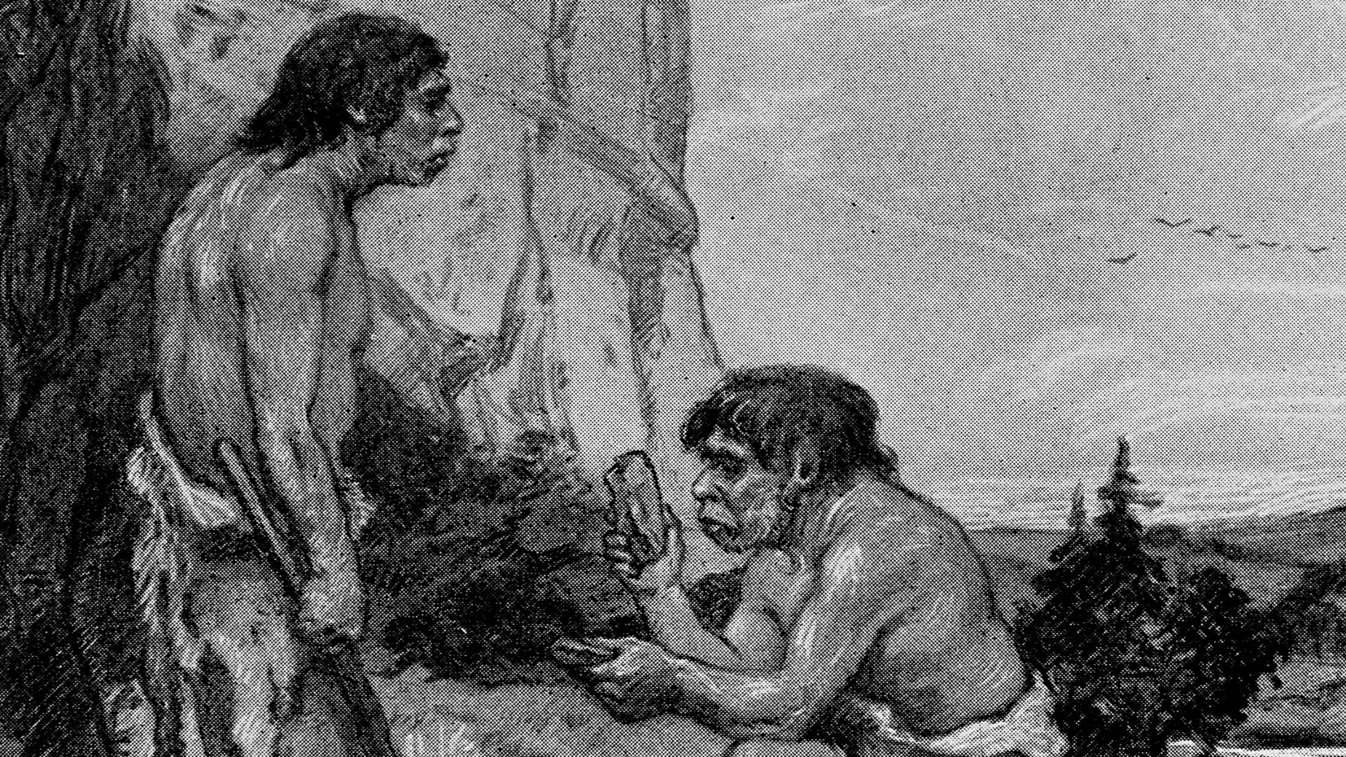 Neanderthal Man at the station of Le Moustier, overlooking the Vally of the Vezere, Dordogne.
Wellcome Images
Keywords: Anthropology