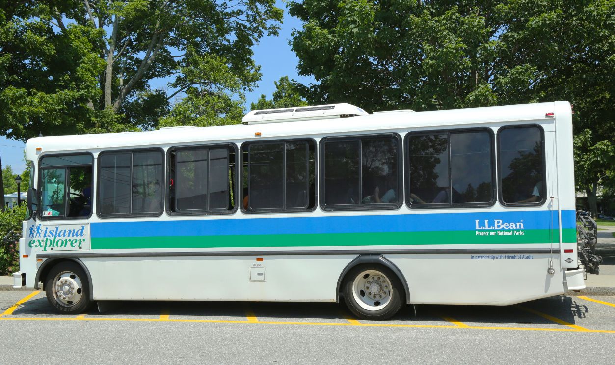 BAR HARBOR, MAINE - JULY 5: Island Explorer Bus in Maine on July 5, 2013. Bar Harbor and  Acadia National Park Island Explorer provides free shuttle service for Acadia National Park 