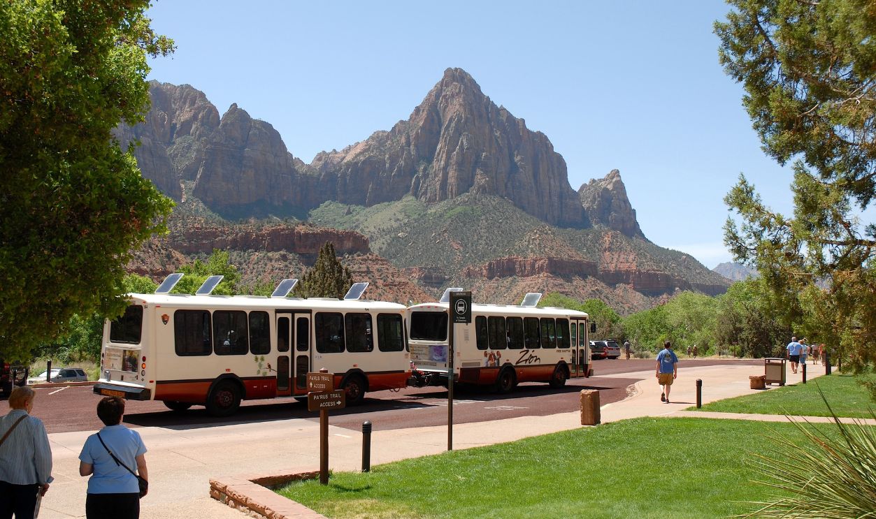 MOAB, UTAH - MAY 8: Zion National Park Shuttle Bus on May 08, 2009 in Utah, USA. Zion National Park Shuttle Bus rides to all the park main attractions, serving visitors from all over the world.