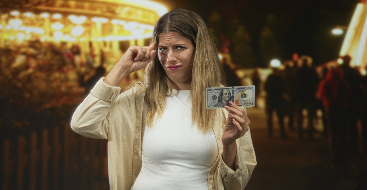 Woman holds a hundred dollar banknote while shrugging shoulders in a busy street fair with carousel lights; confusion uncertainty.