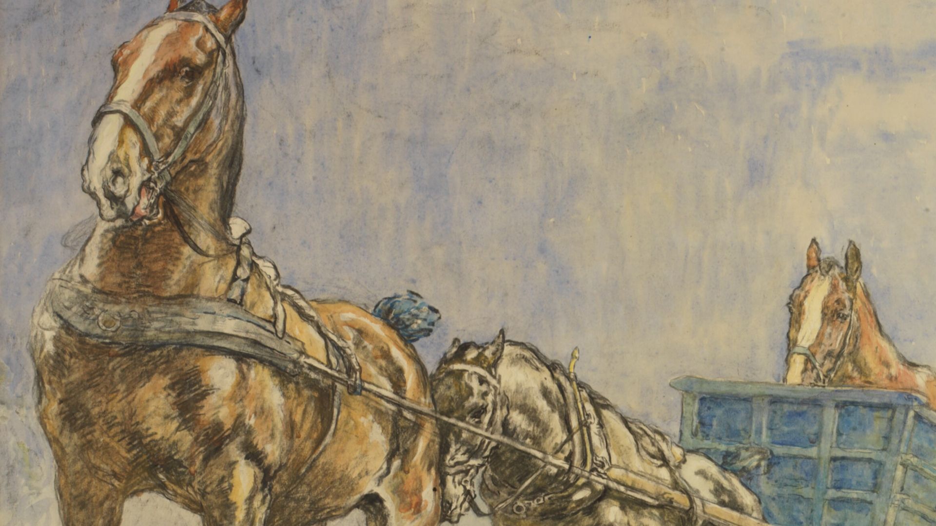 A Horse Ambulance Pulling a Sick Horse out of a Field
image: Two strong horses pulling a deep cart over the brow of a hill. The bony frame of an ill horse can be seen standing

in the cart. Their hoves send up clouds of dust that cover the soldier who wal