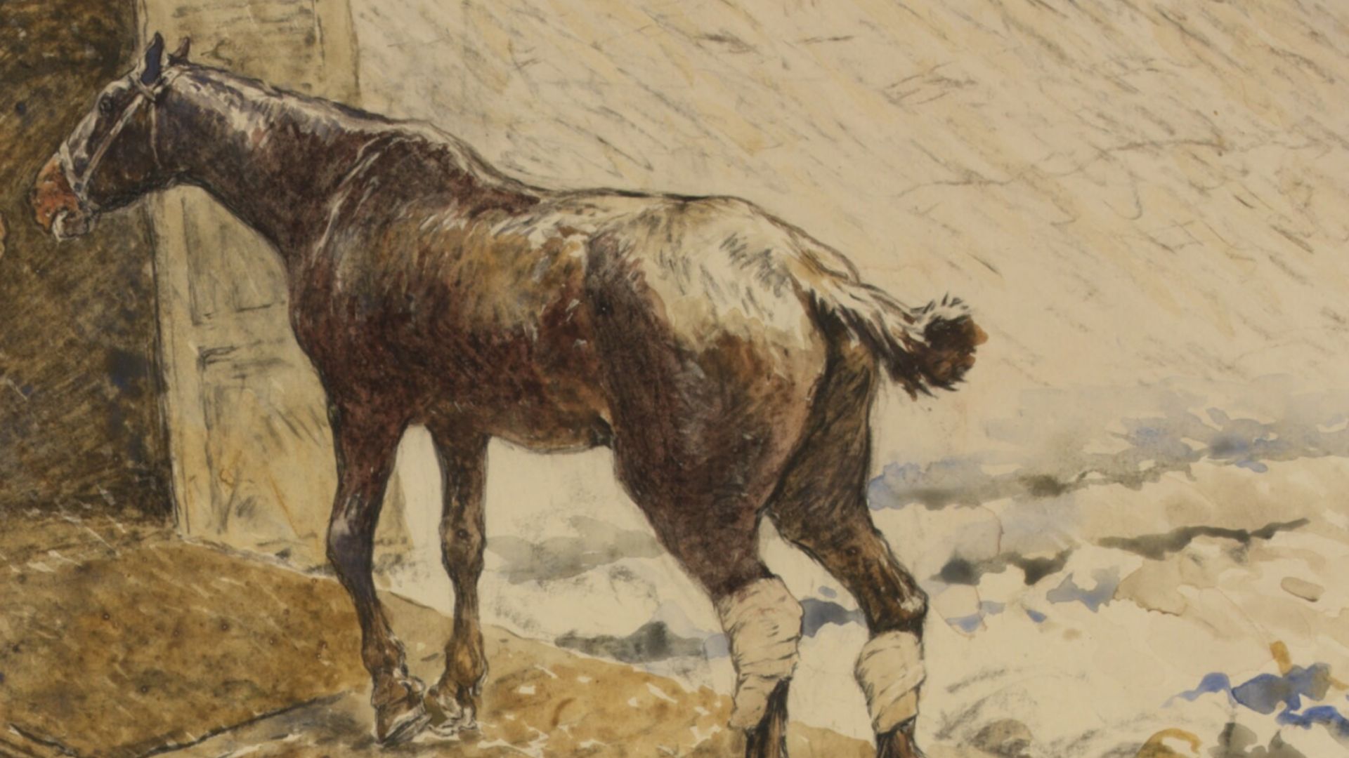 An Injured Horse being Loaded into a Motor Ambulance
image: snow falls down on a scene with an injured horse being led into a motor ambulance. In the foreground an injured
horse lies on the ground, its right hind quarters partly submerged in a flooded she