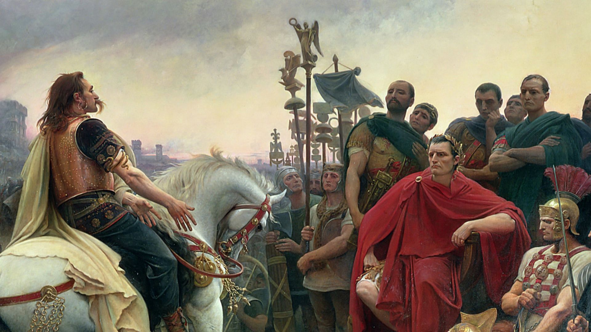 The painting depicts the surrender of the Gallic chieftain after the Battle of Alesia (52 BC).  The depiction of Gauls with long hair and mustaches is also called into question today. The horse is a Percheron, although at this time this breed was not in G