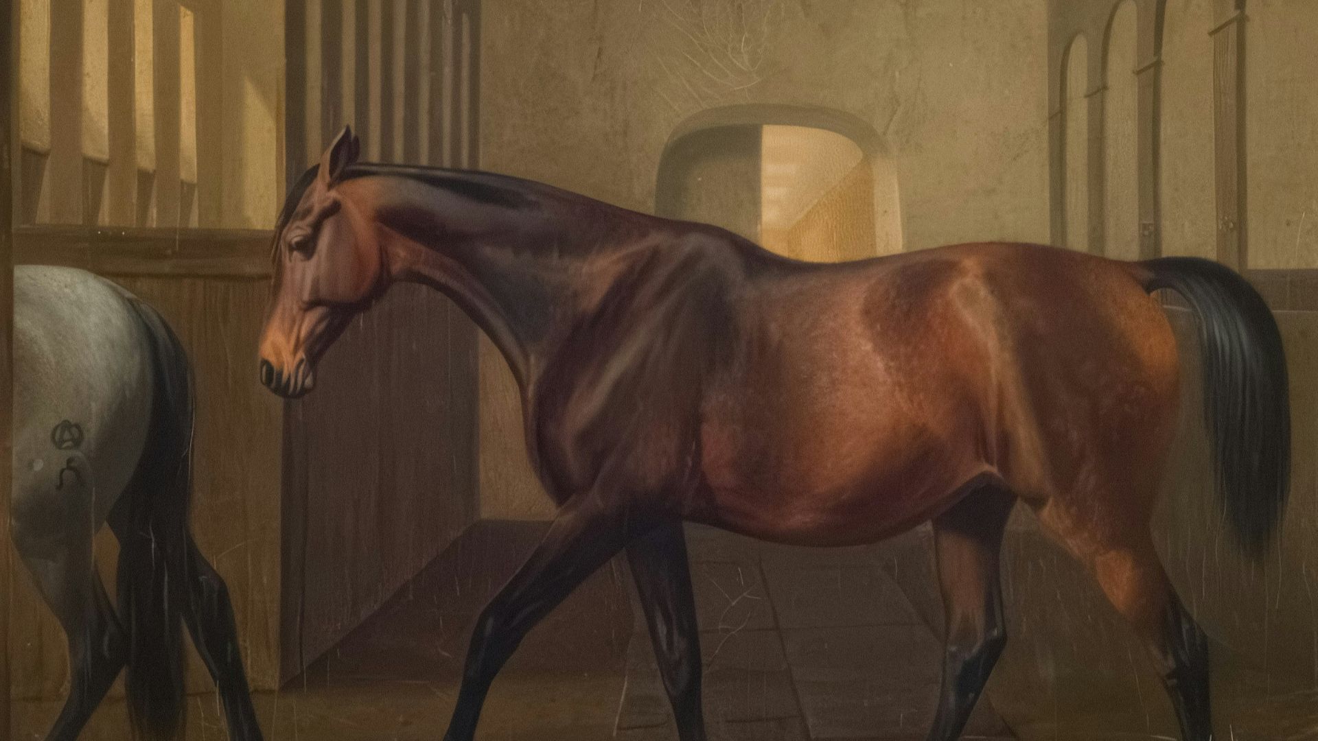 A brown horse walks in a stable with a man