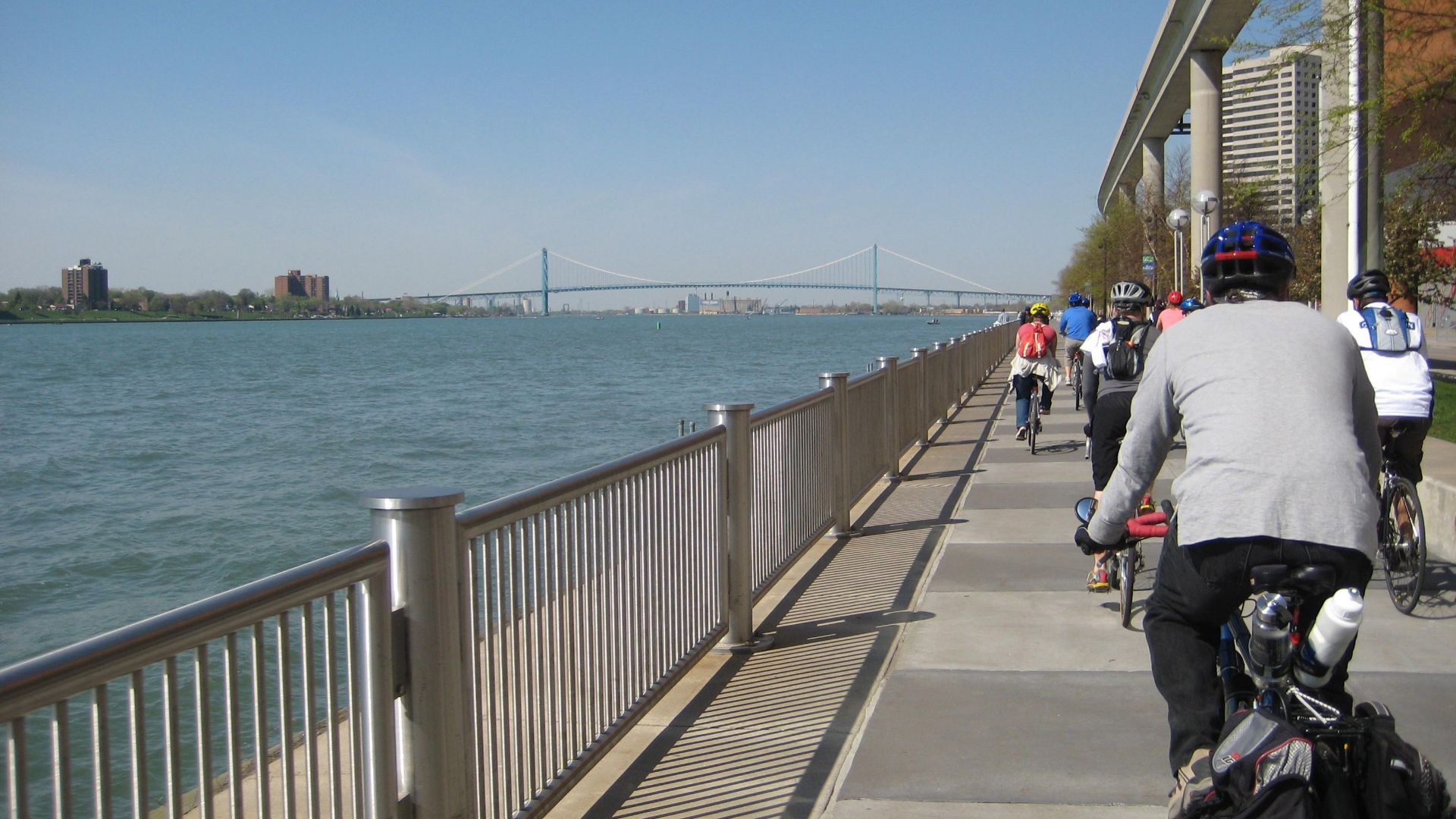 Bicycling on the Detroit River Walk near Cobo Hall.