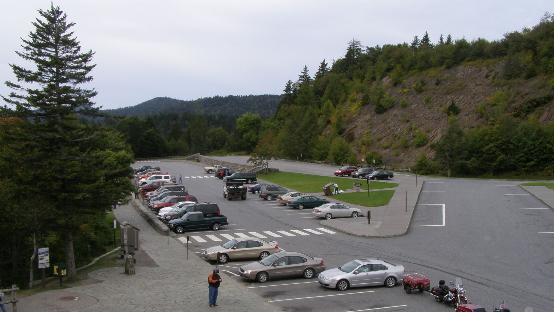 Parking area at Newfound Gap, atop the Great Smoky Mountains.