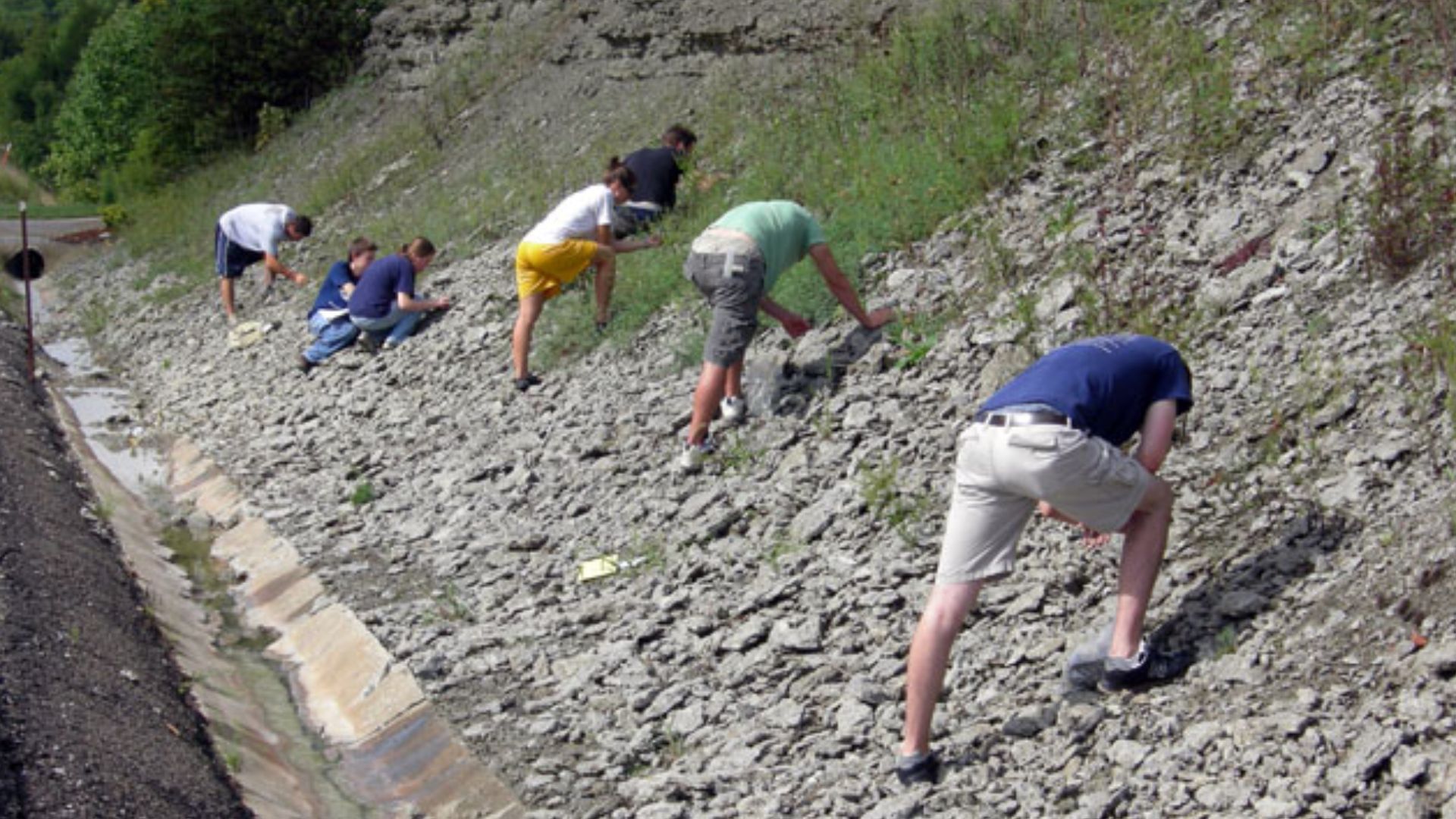 College of Wooster students collecting fossils; Ordovician of Indiana.