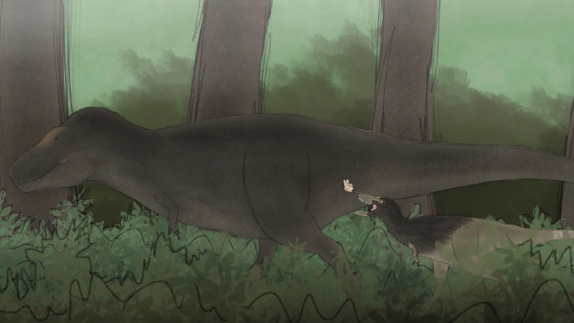 A Tyrannosaurus rex and his chick out in the Maastrichtian woods of Hell Creek. Both are based on Scott Hartman’s skeletal reconstructions. [1][2]