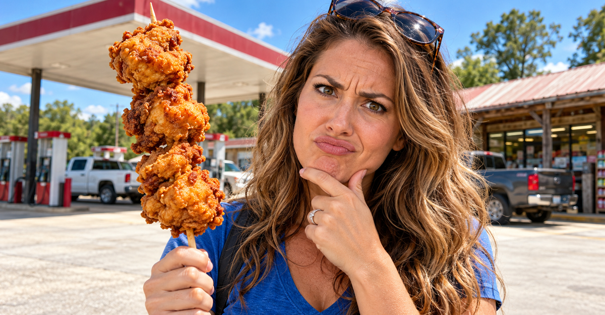 AI-generated image of woman holding chicken on a stick in front of a gas station