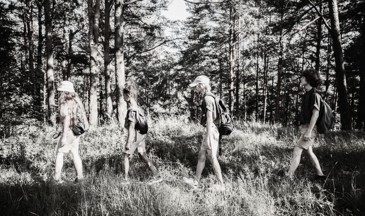 Group of teenagers enjoying a sunny day hike through a lush forest, exploring nature.