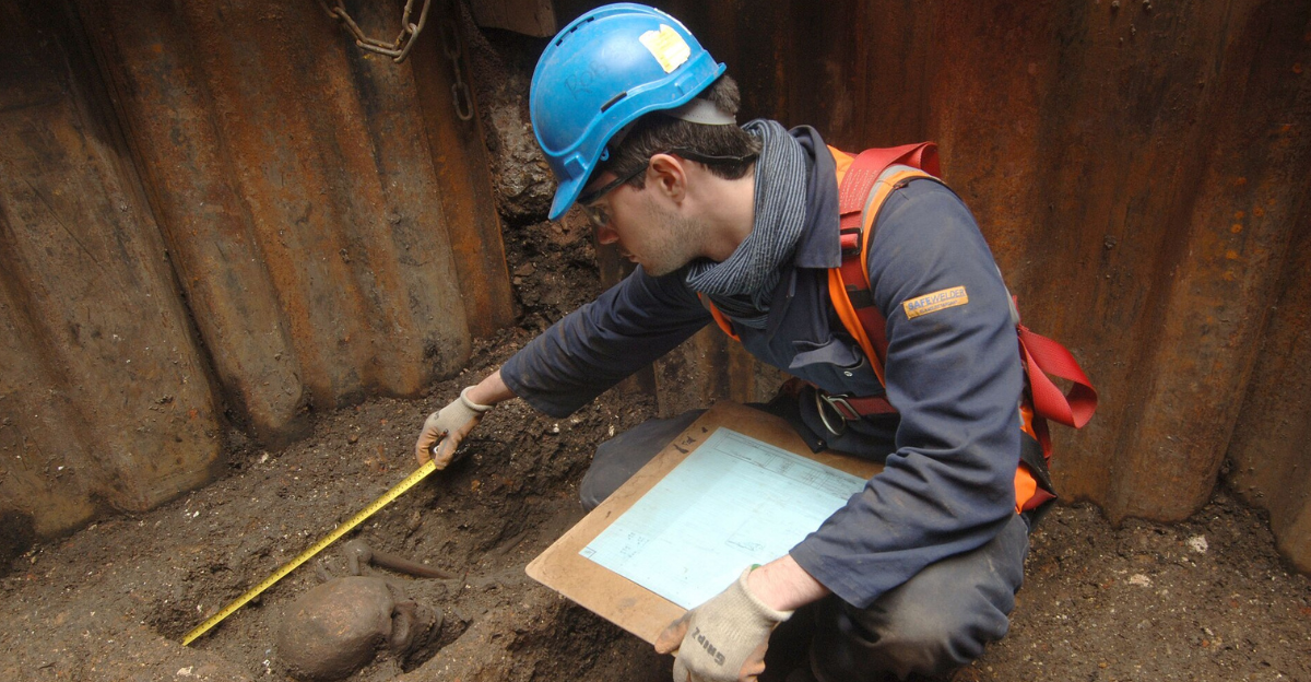 Archaeologist recording human remains