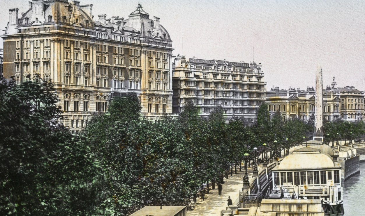 Looking along the Thames to the Savoy and Cecil hotel