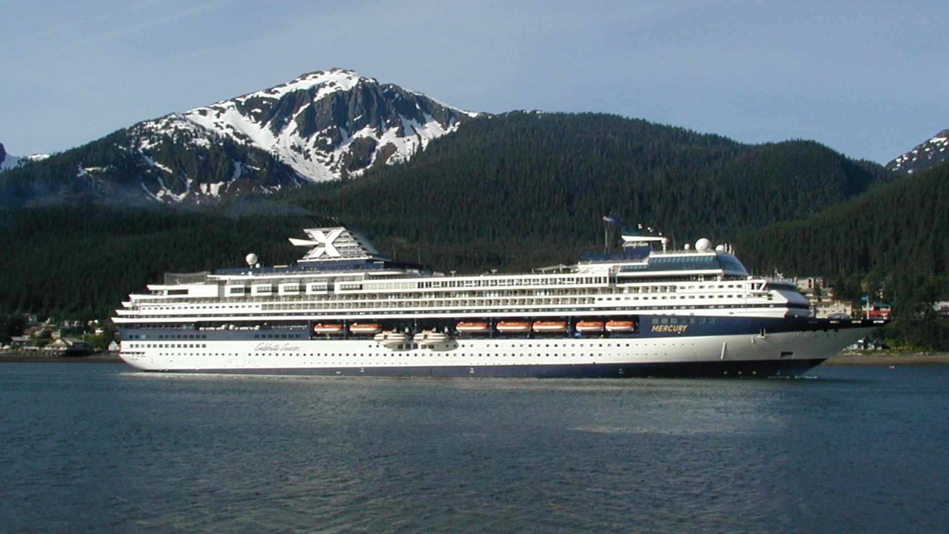 Celebrity Mercury entering Port of Juneau, Alaska. Mount Bradley ( Jumbo) Douglas Island.