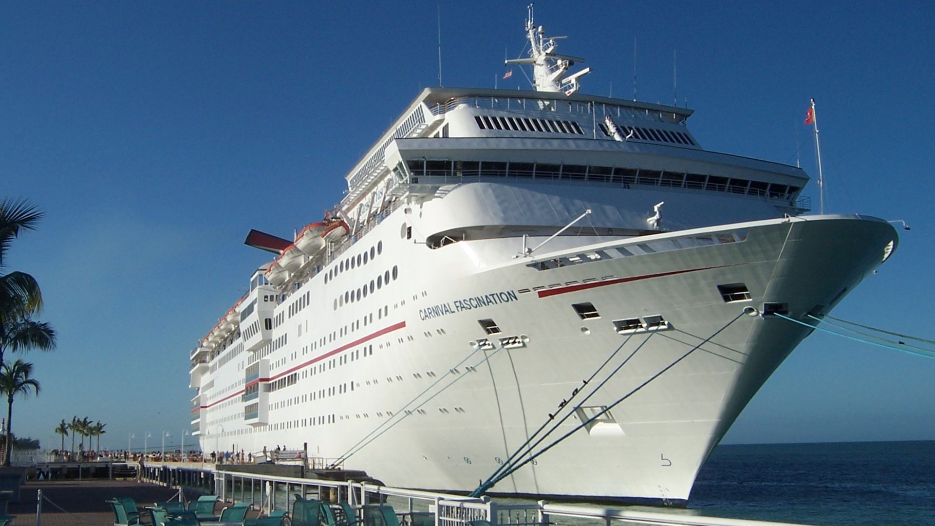 Carnival Fascination docked in Key West. Morning disembarkation of passengers.