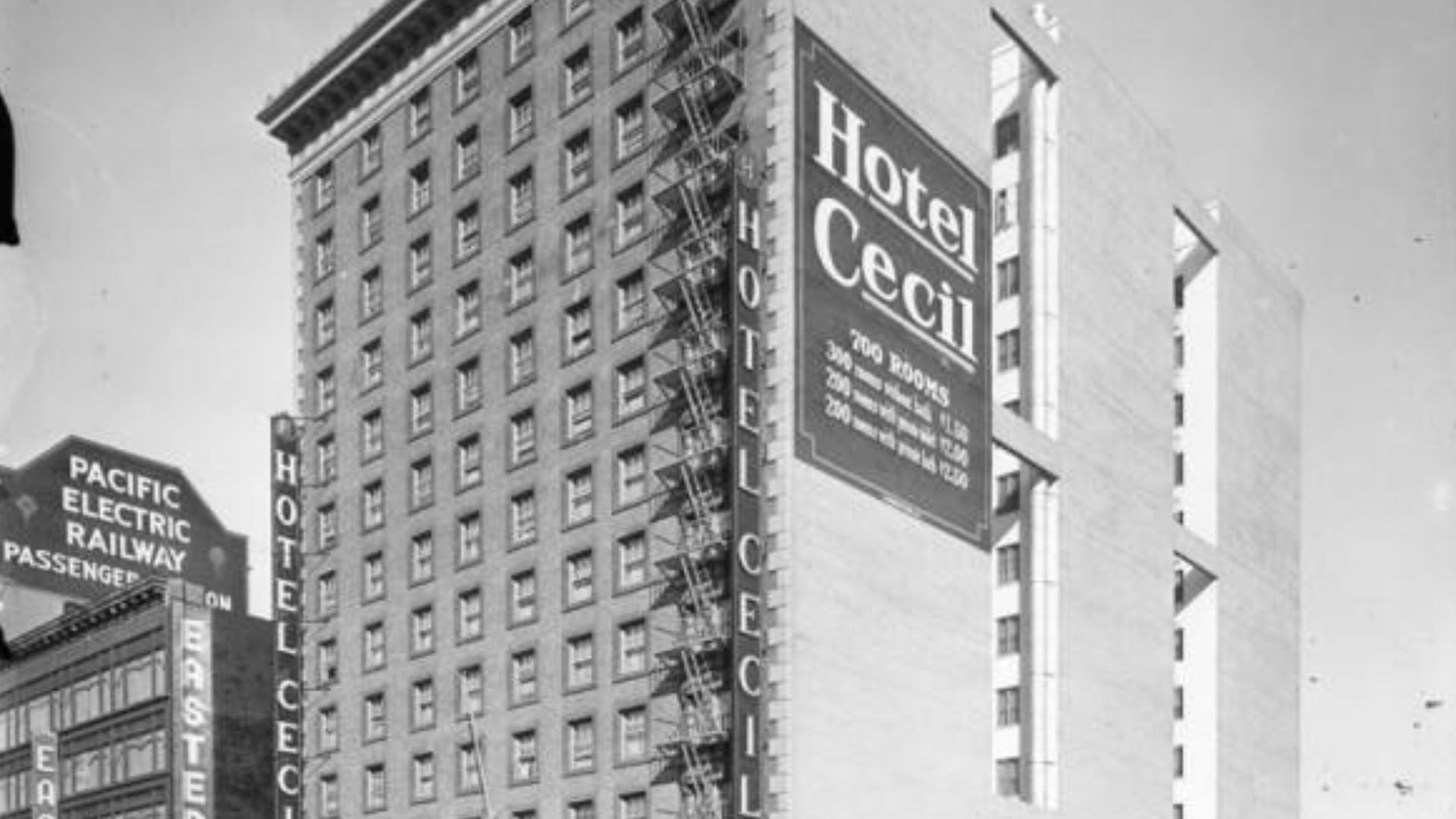 The hotel is seen from a roof across the street