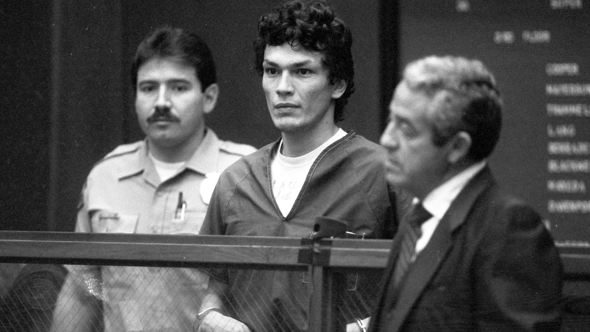 Richard Ramirez (aka The Night Stalker) with attorney Joseph Gallegos in Los Angeles during appearance in Municipal Court.